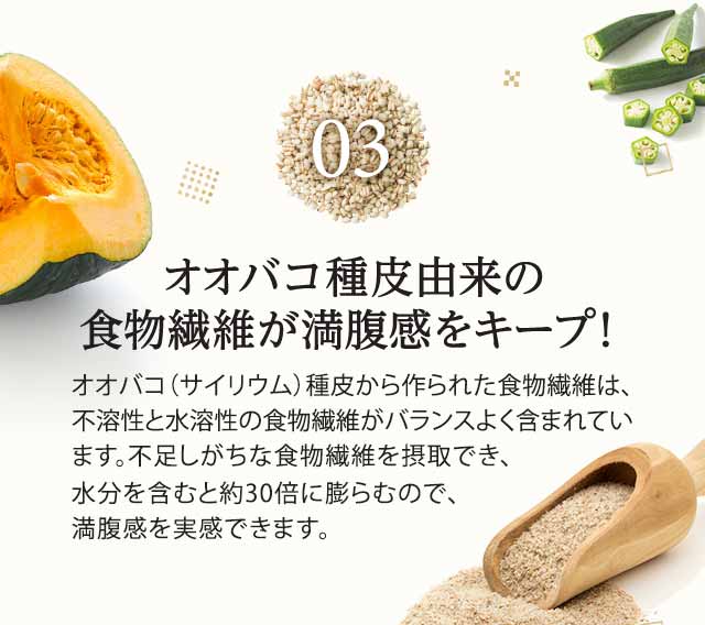 03　オオバコ種皮由来の食物繊維が満腹感をキープ！